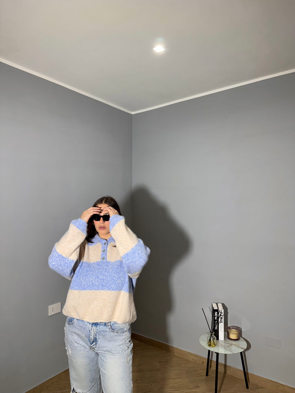 Maglione Polo a Righe Panna e Celeste