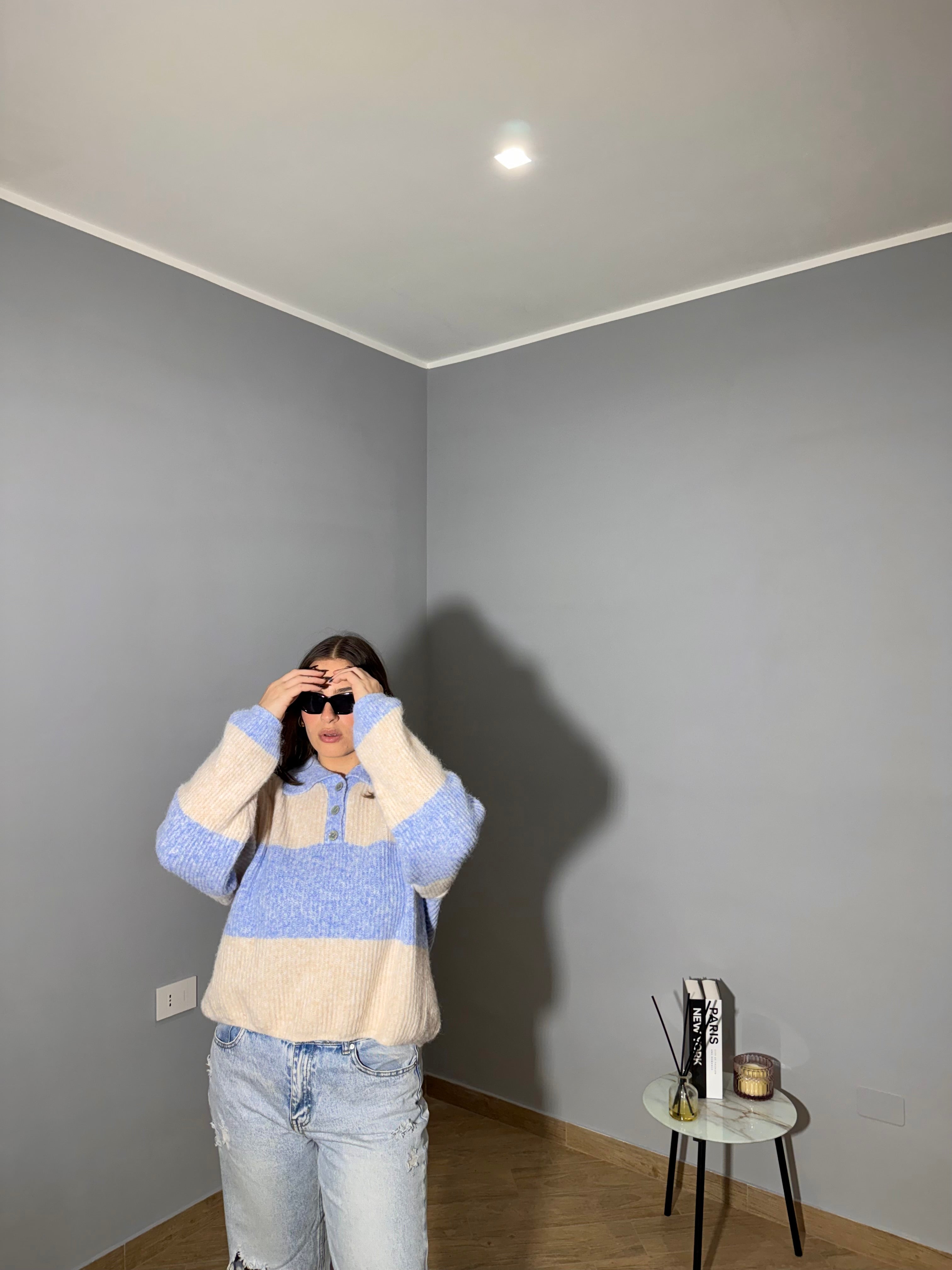 Maglione Polo a Righe Panna e Celeste