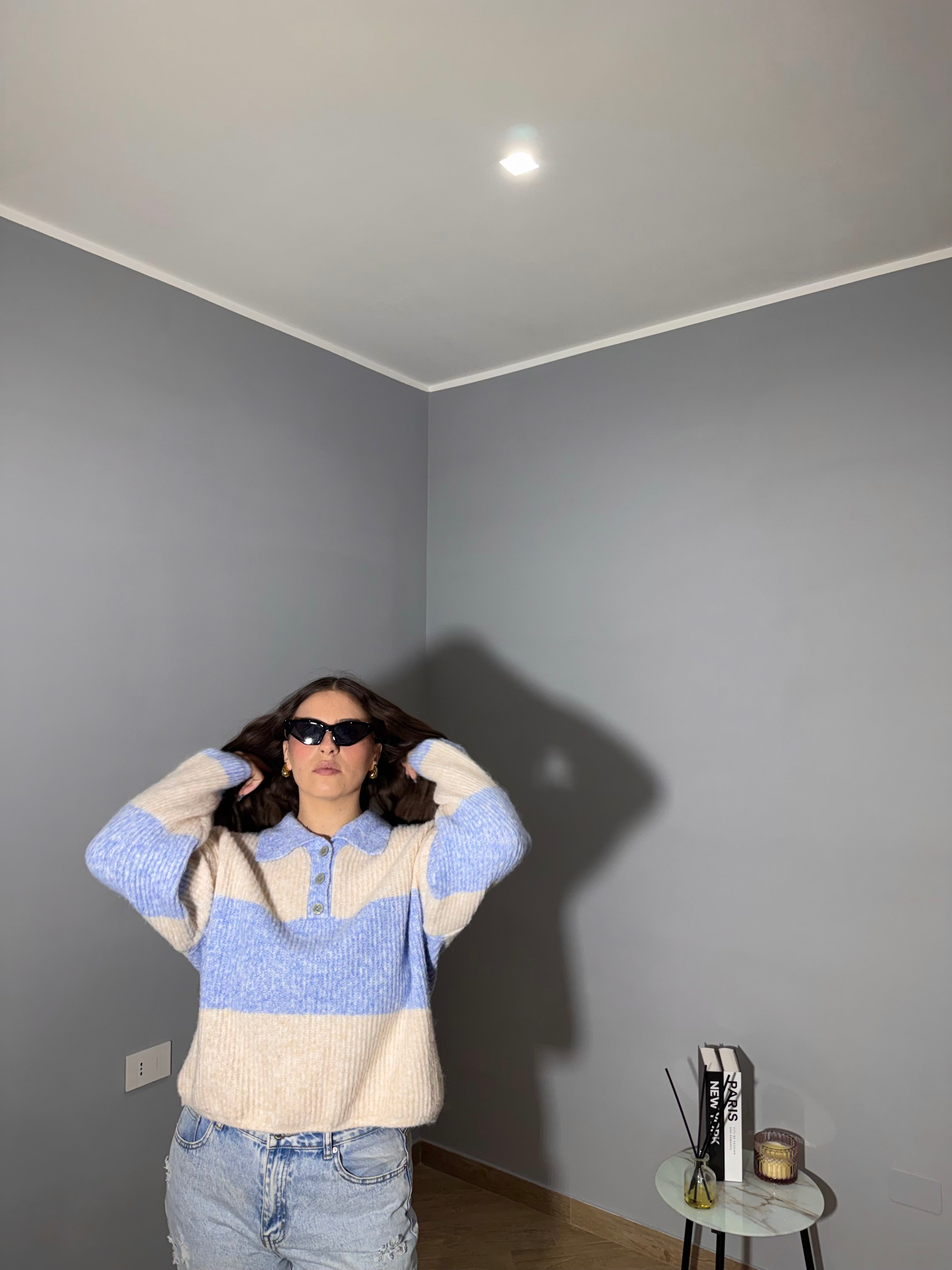 Maglione Polo a Righe Panna e Celeste