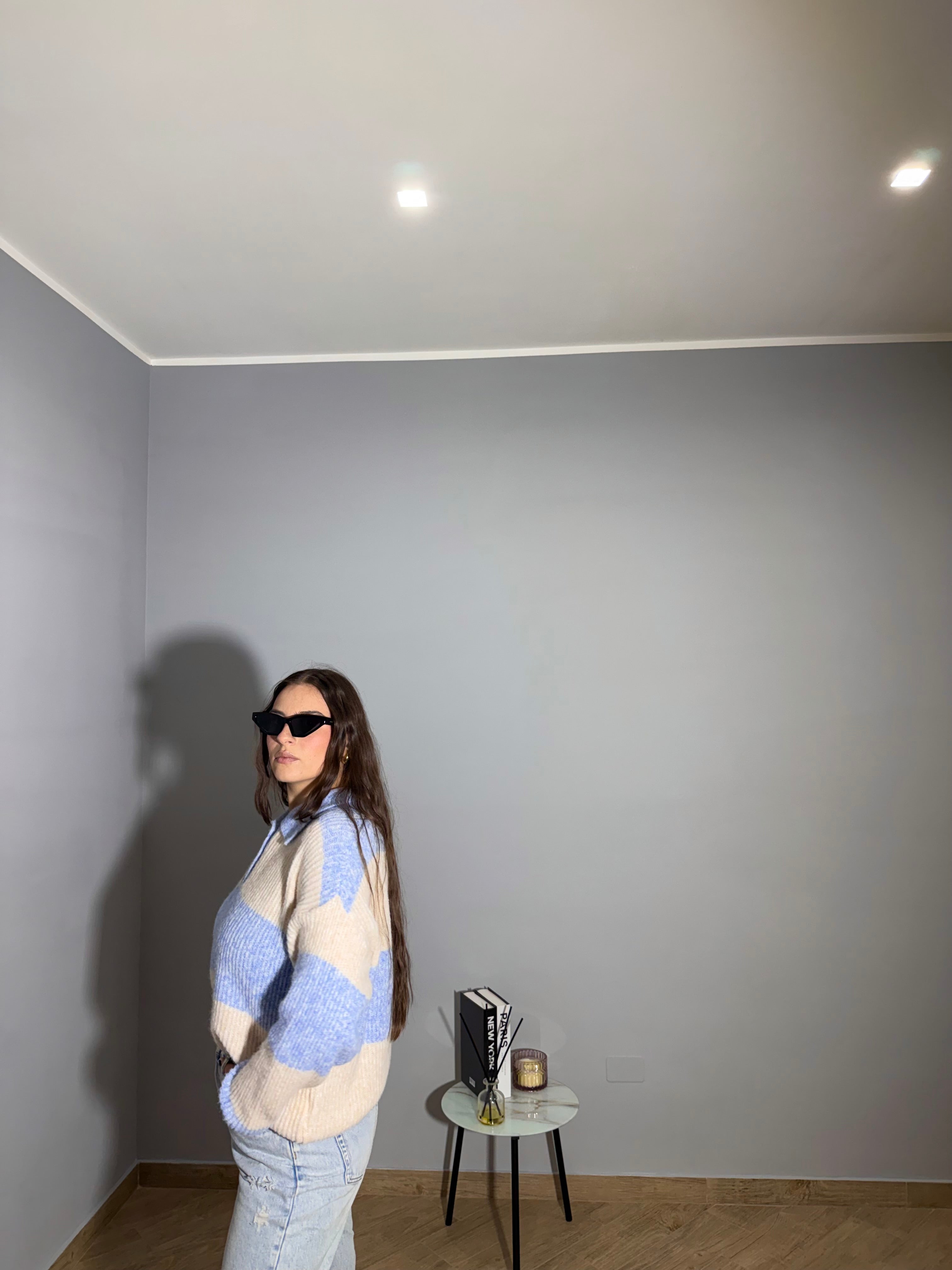 Maglione Polo a Righe Panna e Celeste