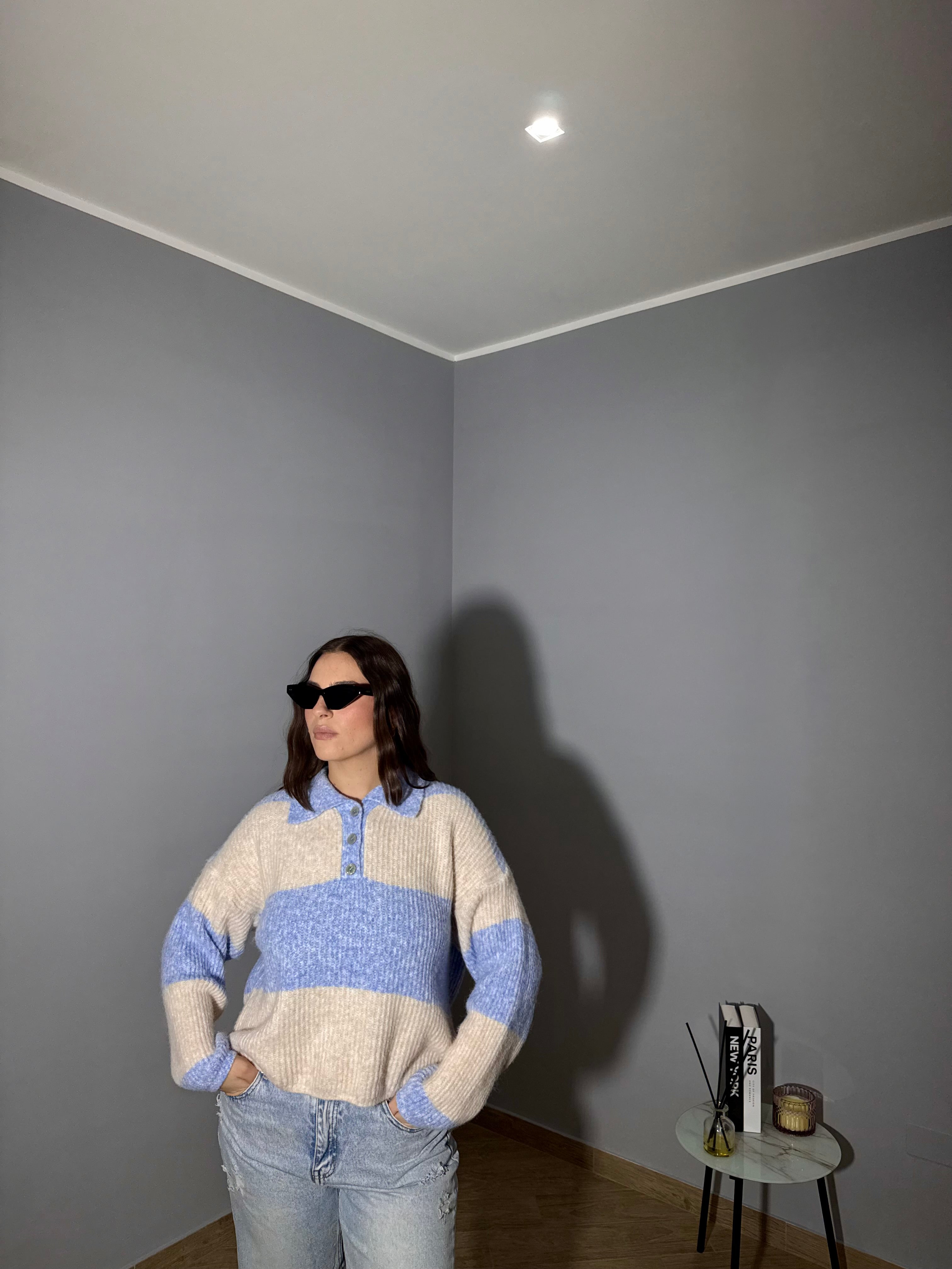 Maglione Polo a Righe Panna e Celeste